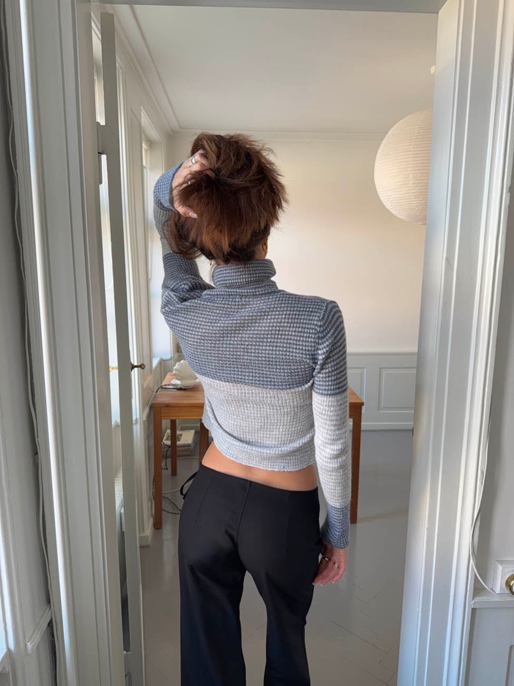 Design by Si Striped Ribbed Turtleneck Sweater - Gray & Cream - Picture 3 of 6